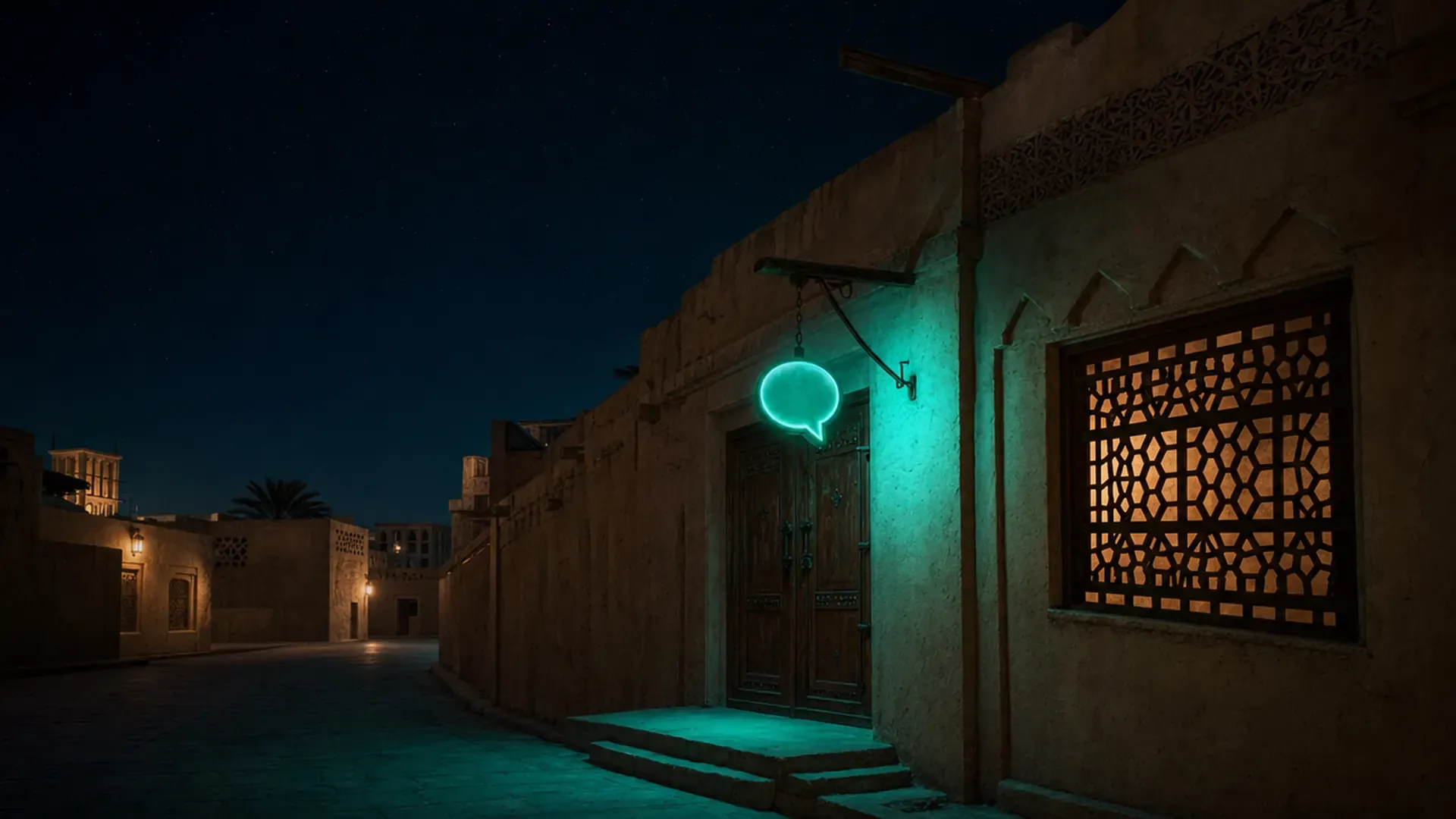 Night scene of a chat interface answering a visitor in Arabic