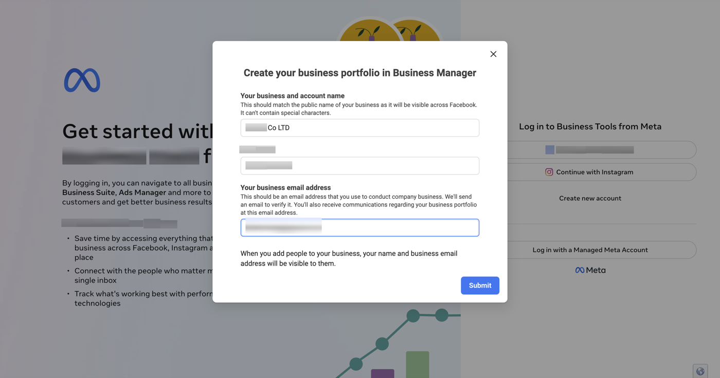 نموذج إنشاء حساب النشاط في Meta Business