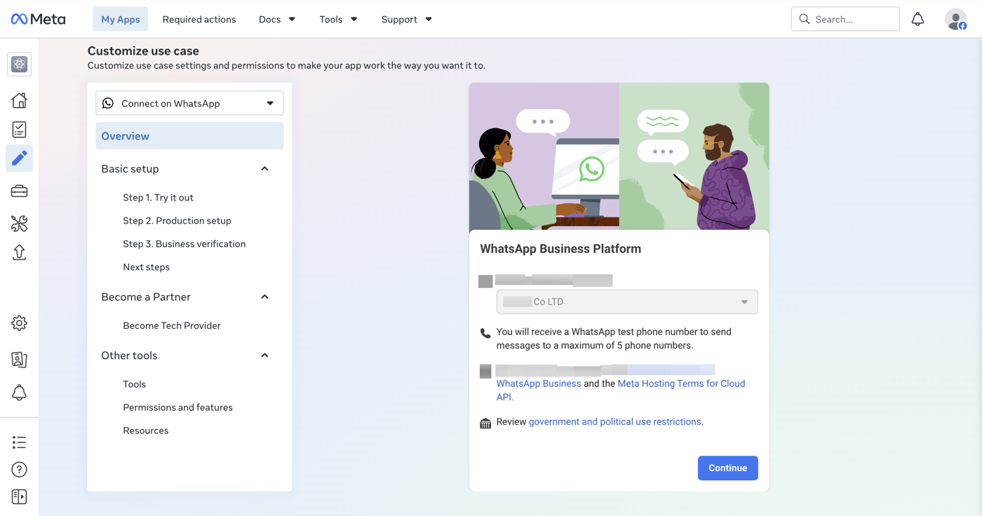 بطاقة منصة WhatsApp Business لإنشاء الحساب